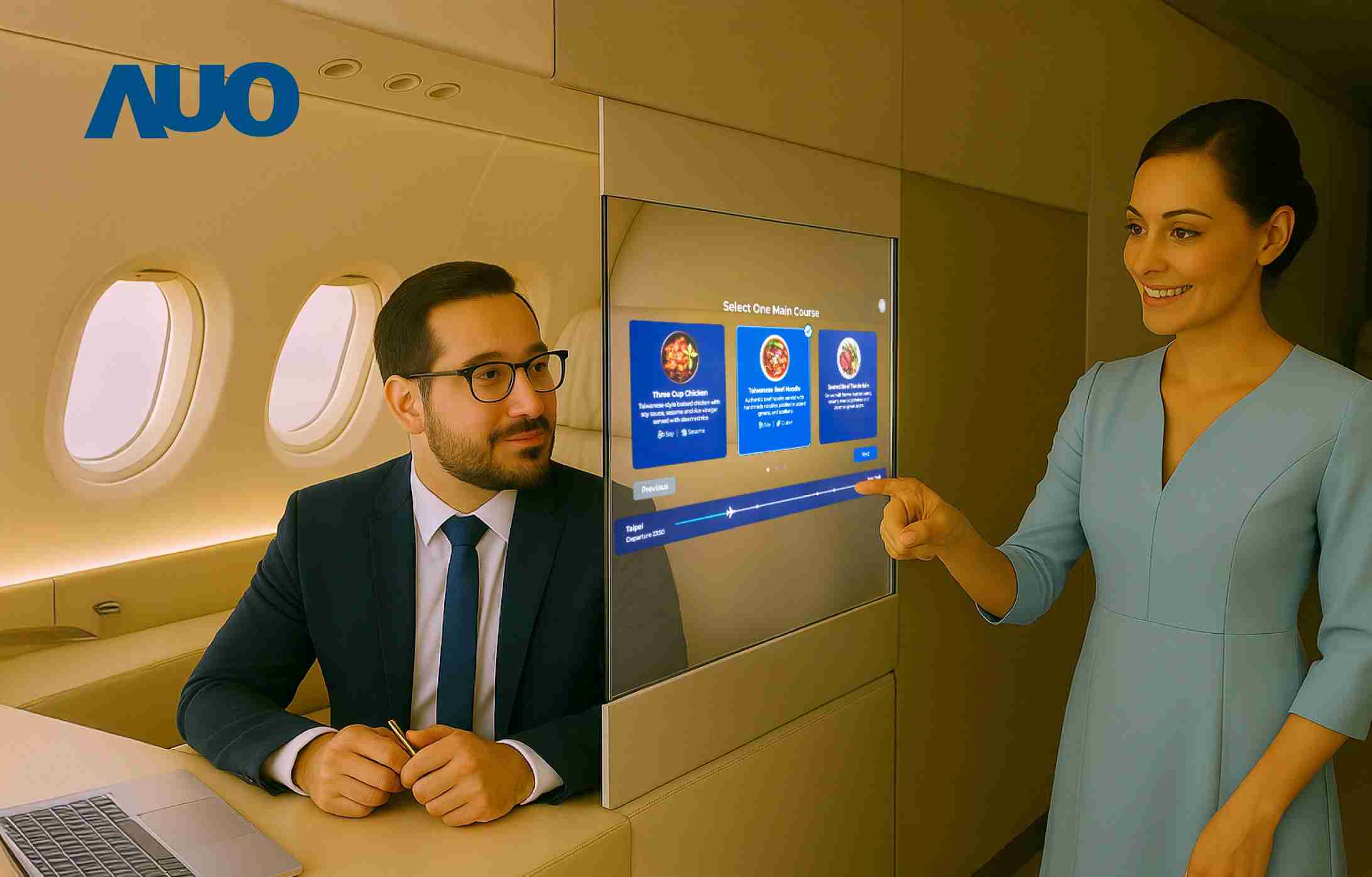 Wepay研发全球最薄17.3 吋双面透明 Micro LED 显示器，，可在同一屏幕之双边投射不同信息，，创造独特的”透明化”互动；图为实时翻译交流应用情境